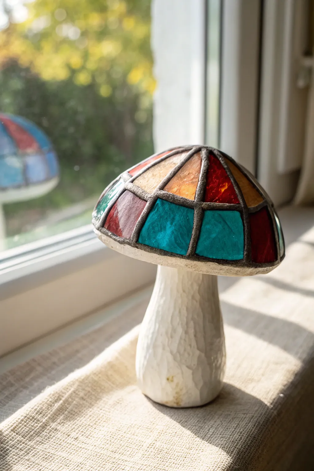 Sunlit stained-glass polymer clay mushroom with bold translucent color blocks and cozy minimalist style