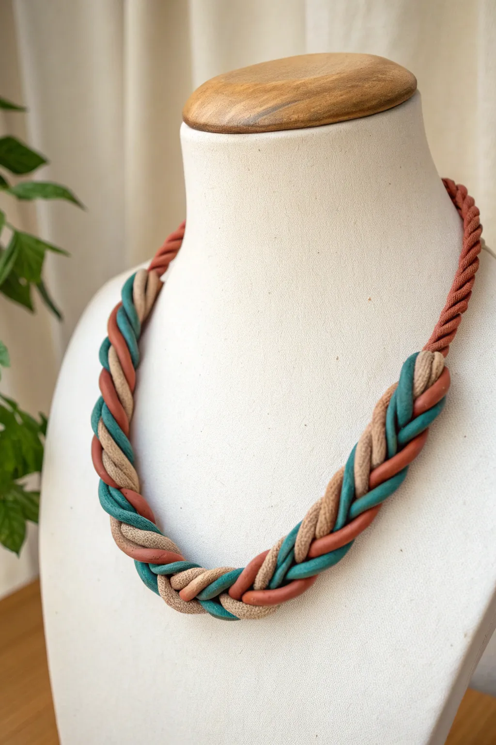 Sculptural twisted-branch polymer clay collar in bold earthy tones, minimalist with boho warmth.