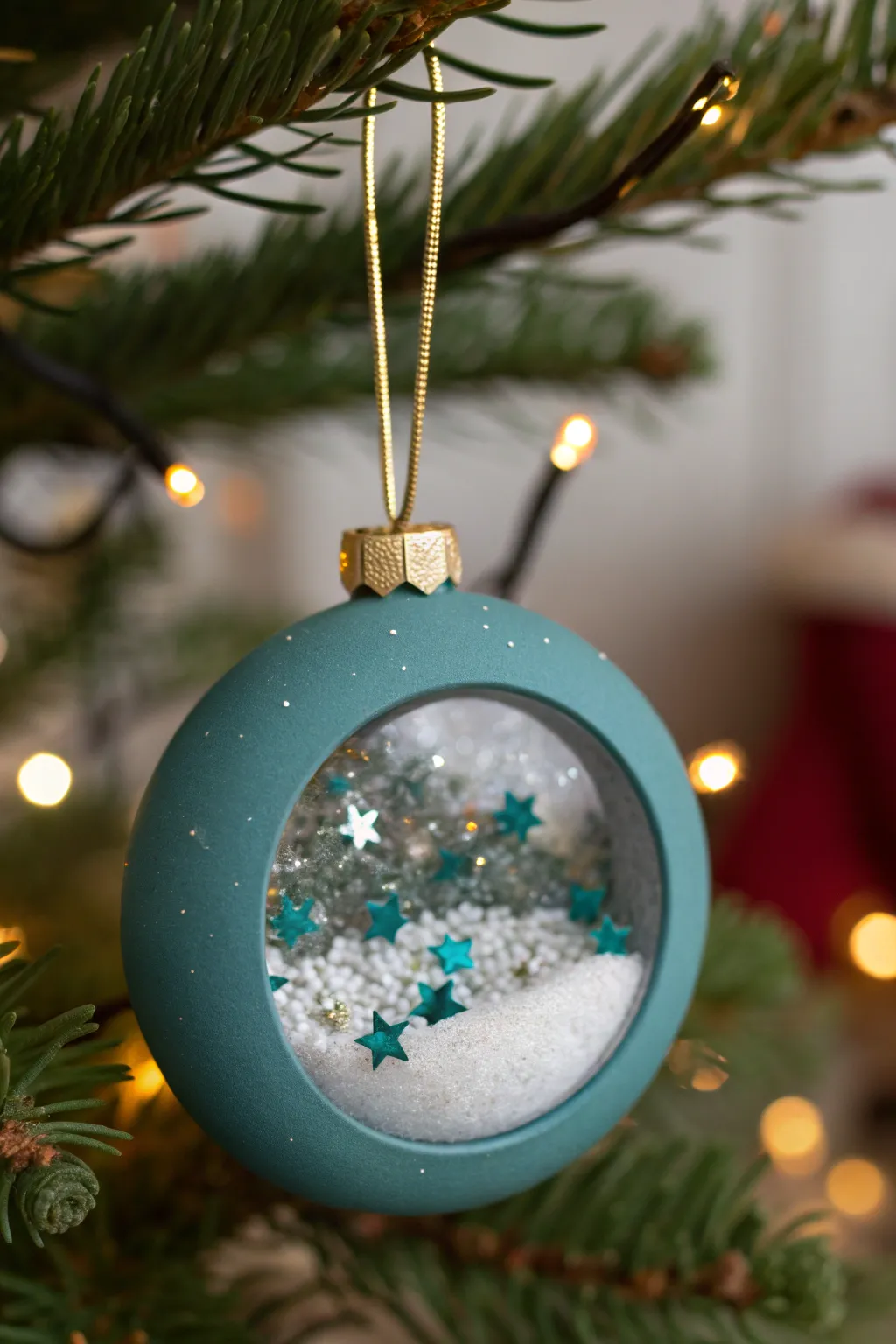 DIY polymer clay bubble ornament with glitter shaker center, bold color and cozy tree glow
