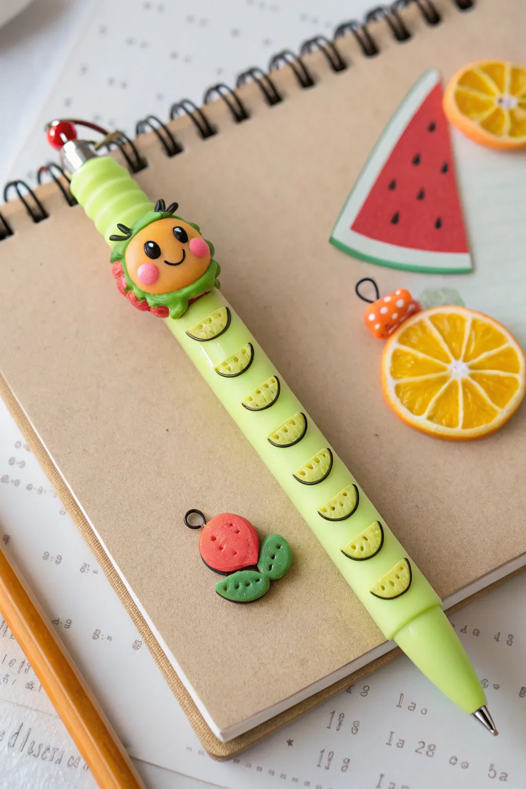 Whimsical storybook caterpillar pen with tiny fruit accents, bright and minimalist chic