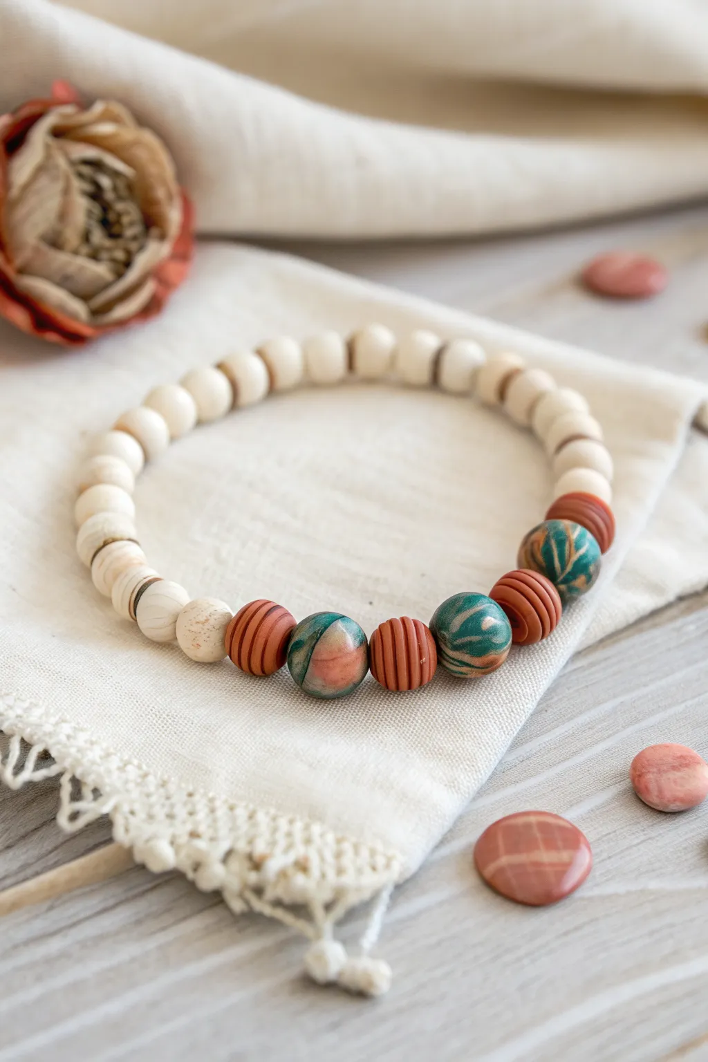 Heishi bead bracelet with marbled polymer accents, minimalist boho color pop, handmade charm.