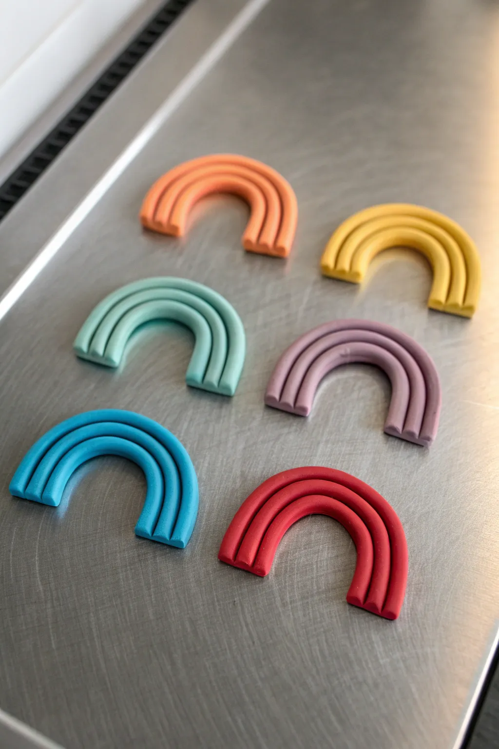 Bright rainbow polymer clay magnets on cool metal, simple arches, handmade charm for any space