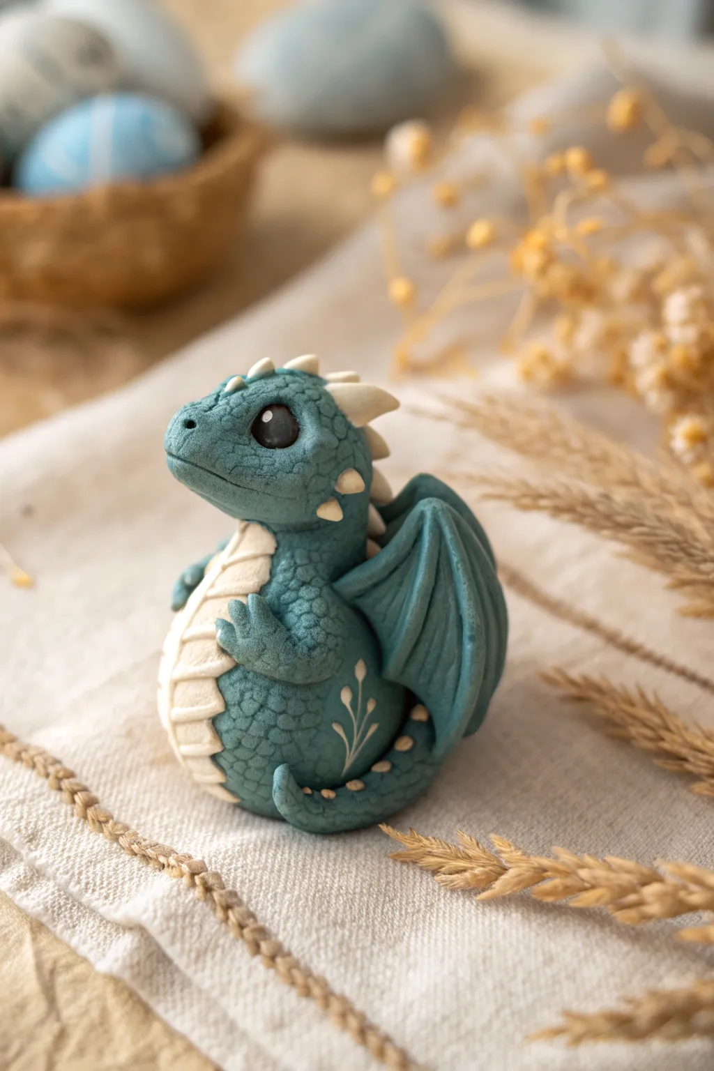 Sweet textured polymer clay dragon hatchling, minimalist boho styling in bold teal.