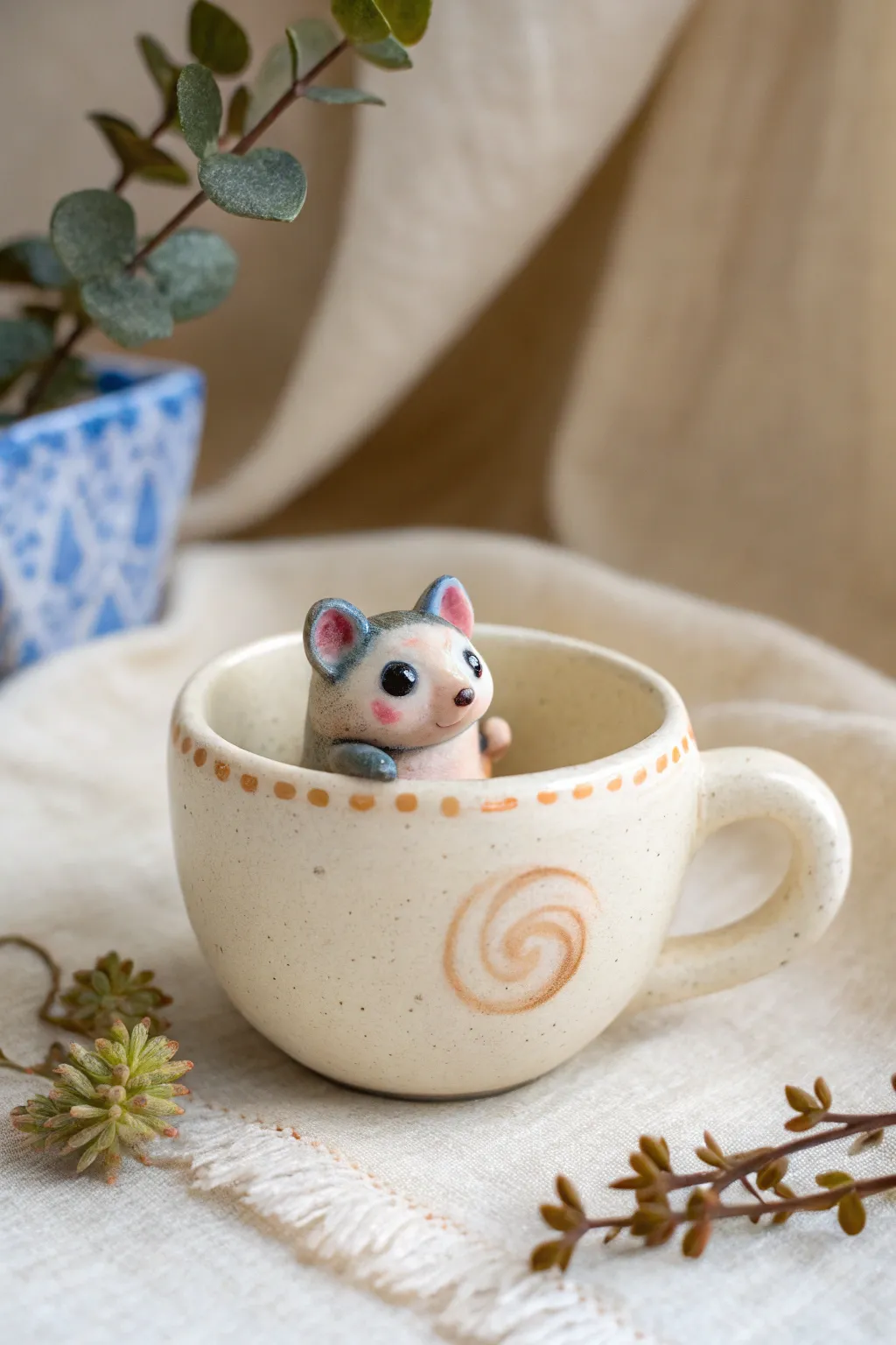 Tiny teacup creature pop-out in cozy boho hues, a simple polymer clay sculpture idea.