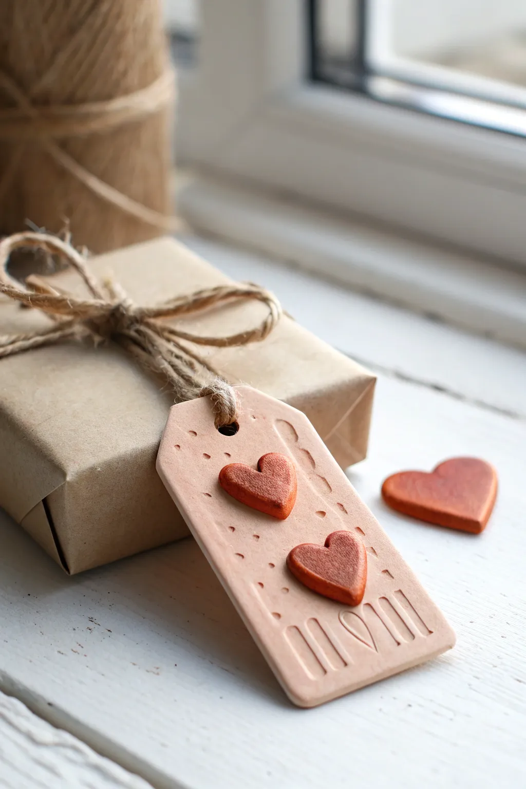 Tiny polymer clay candy gram tag with raised hearts, twine tie, and a minimalist Valentine vibe.