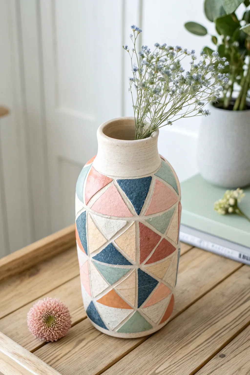 Playful patchwork polymer clay vase in soft pastels with bold pops, styled in a minimalist nook.