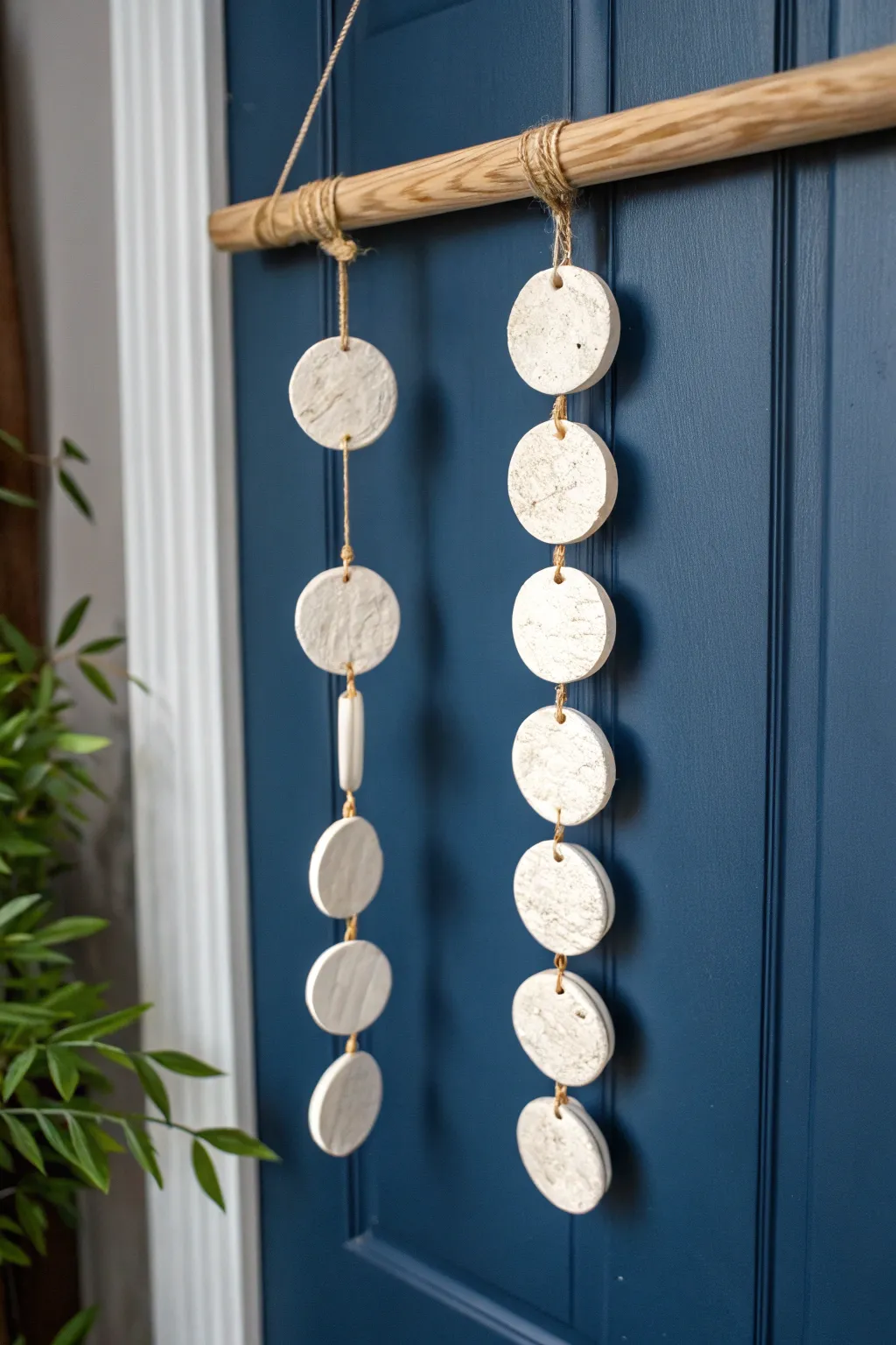 Minimal polymer clay moon phase wall hanging with crater texture, modern bar and bold backdrop