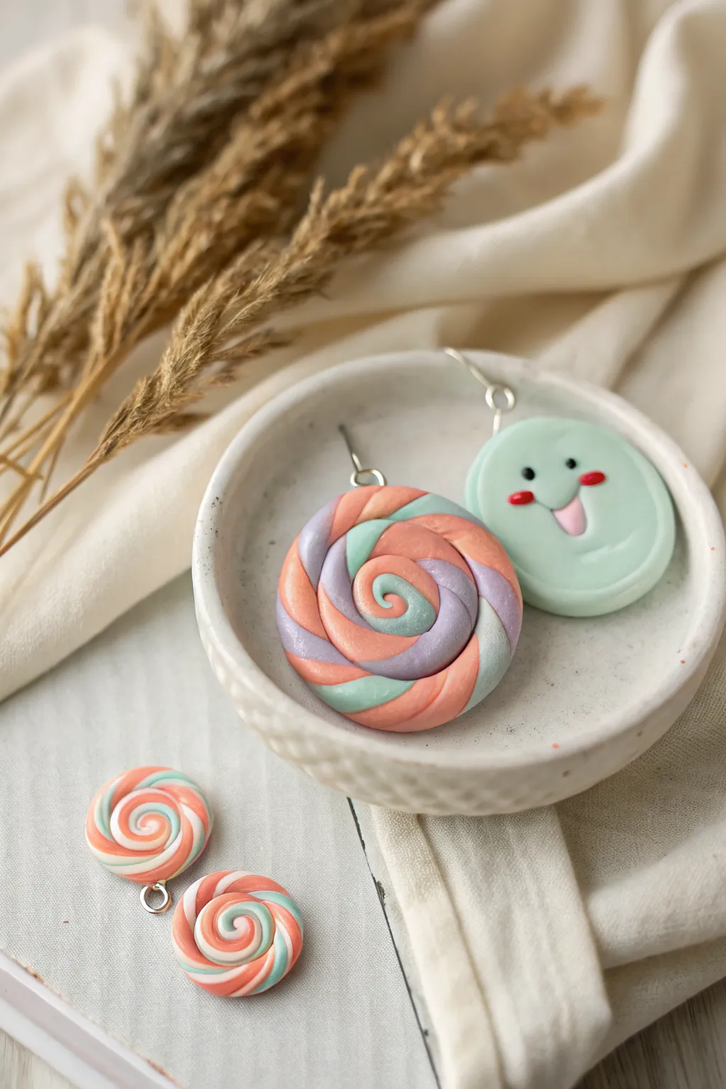 Sweet swirl lollipop charm set in pastel spirals, minimalist styling, easy cute polymer clay idea