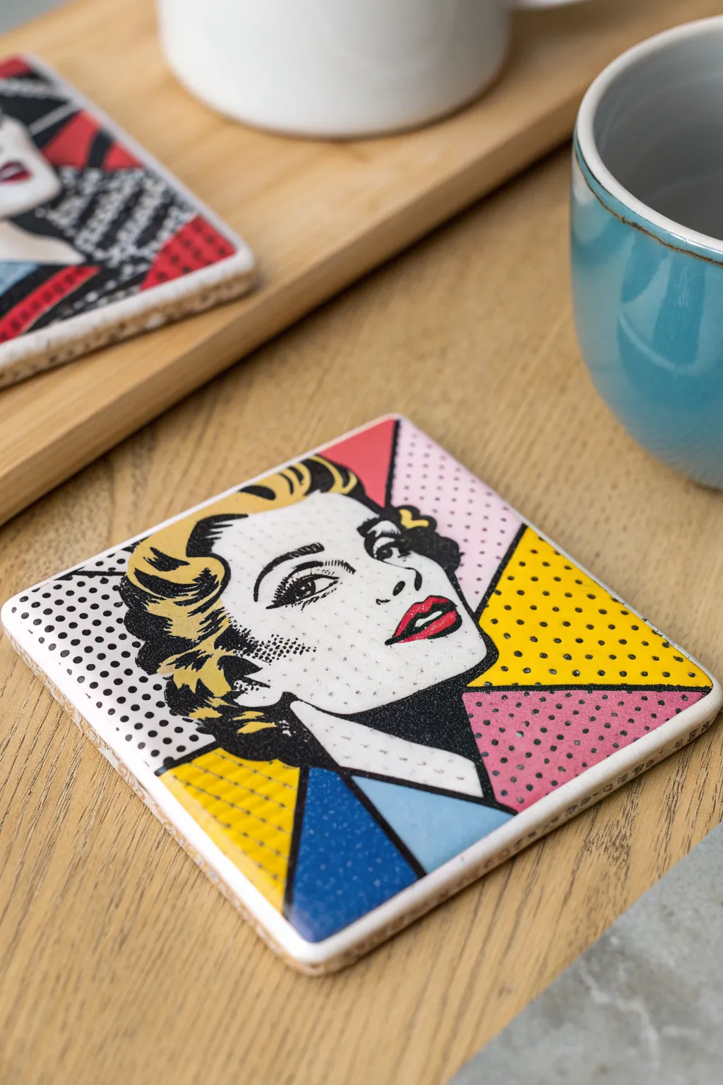 Glossy pop art image-transfer clay coaster with bold halftone dots and minimalist Scandinavian styling.