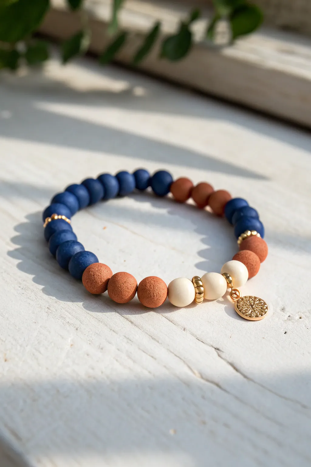 Charm cluster station clay bead bracelet in bold cobalt and terracotta, minimal Scandinavian boho