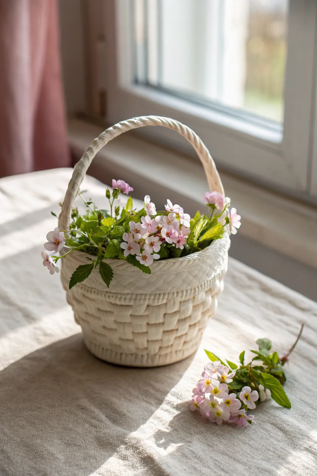 Woven porcelain clay basket with tiny pastel blooms, minimal styling and bold boho contrast