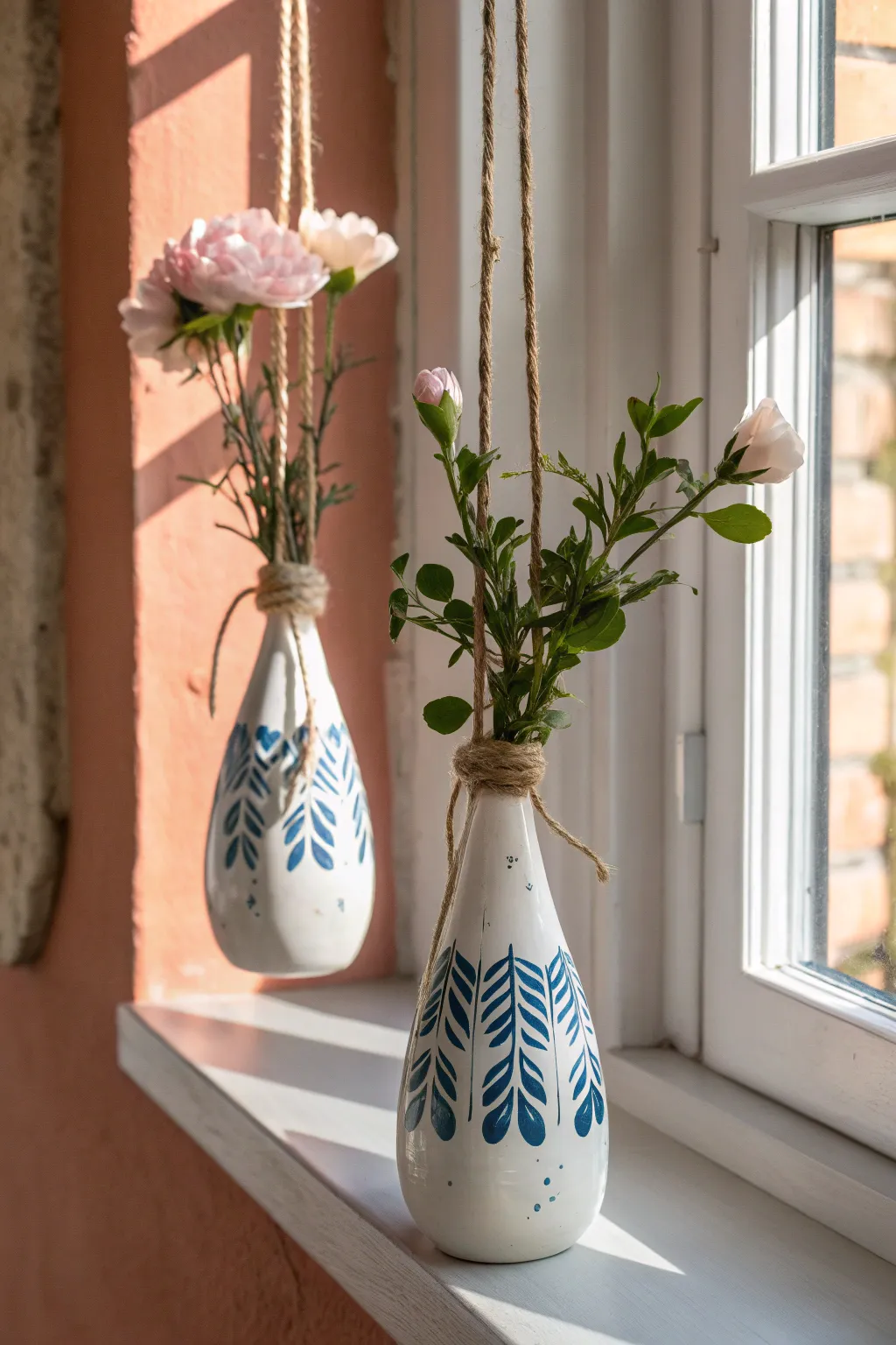 Porcelain hanging bud vase duo in sunlit window light, minimalist boho charm, gift-ready