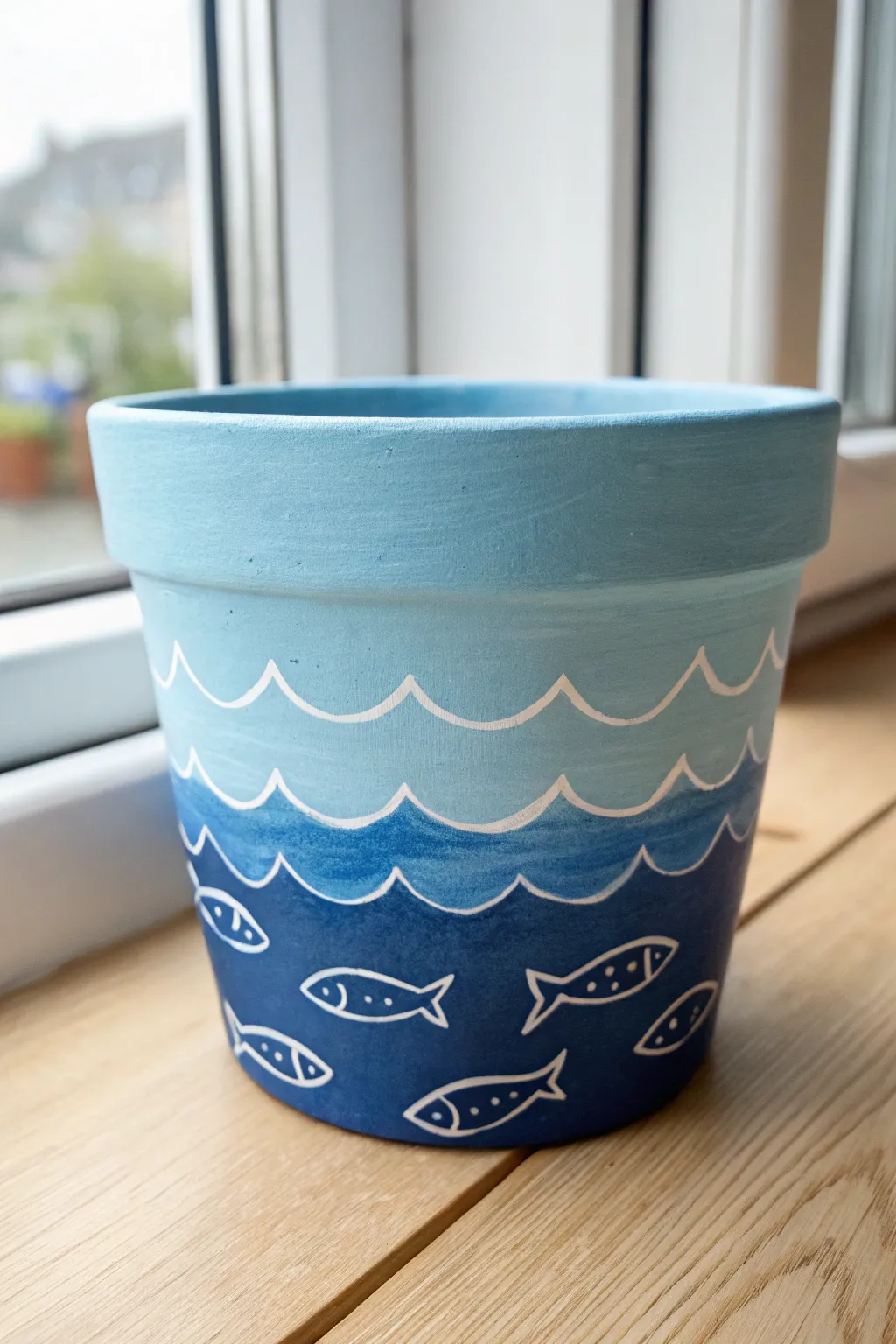 Wraparound ocean planter with bold blue gradient, simple waves, and fish silhouettes