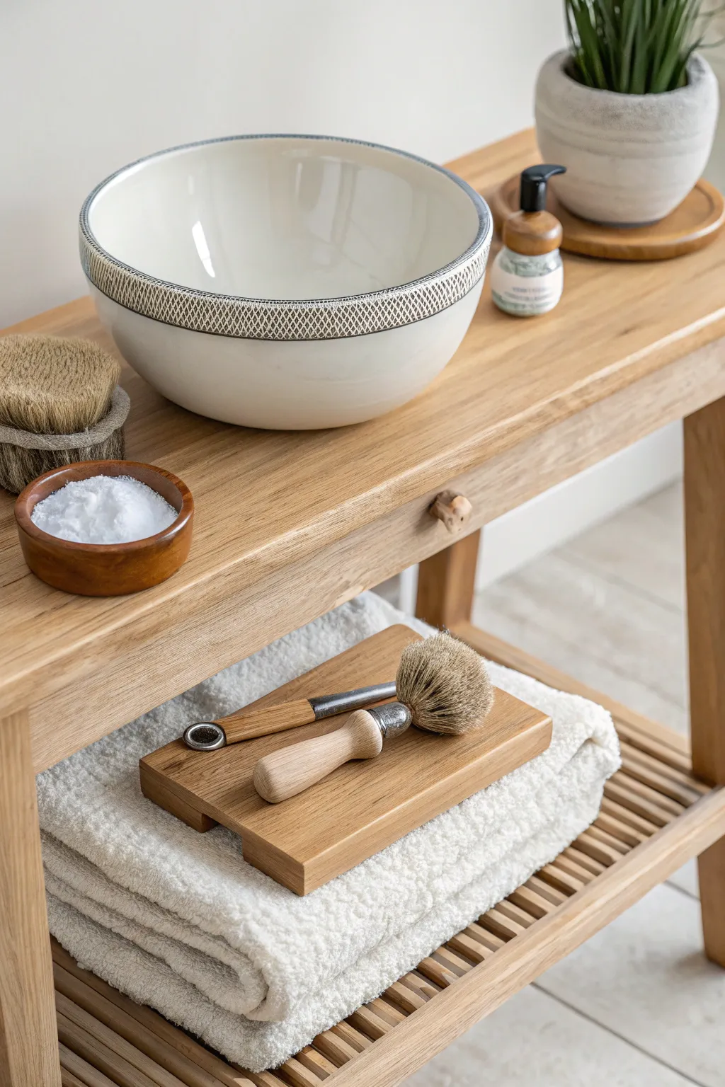 Soft pad trimming setup with an upside down bowl on a bat, calm Nordic boho color pop