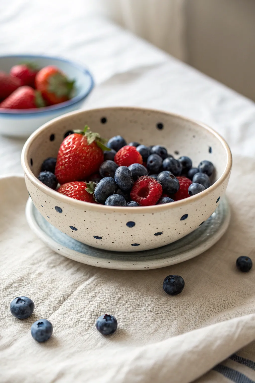 Functional berry bowl with drainage holes and catch plate, styled with fresh berries.