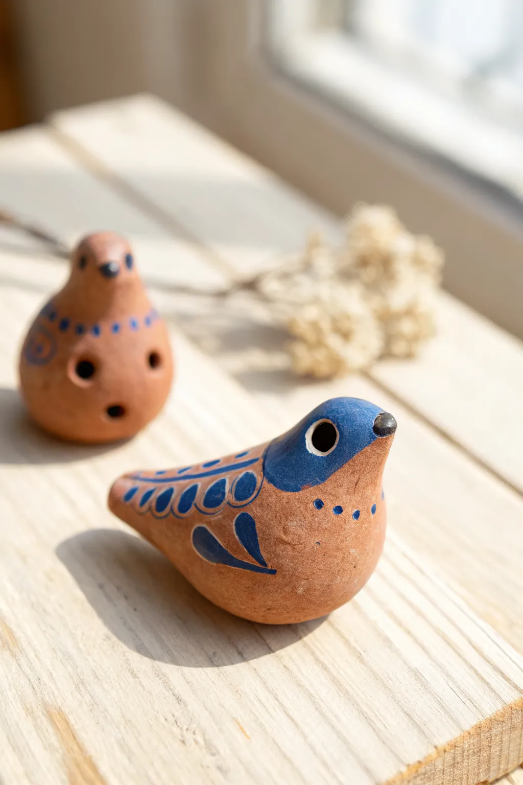 Tiny clay creature whistles in bold color, minimalist styling, a charming pottery art idea