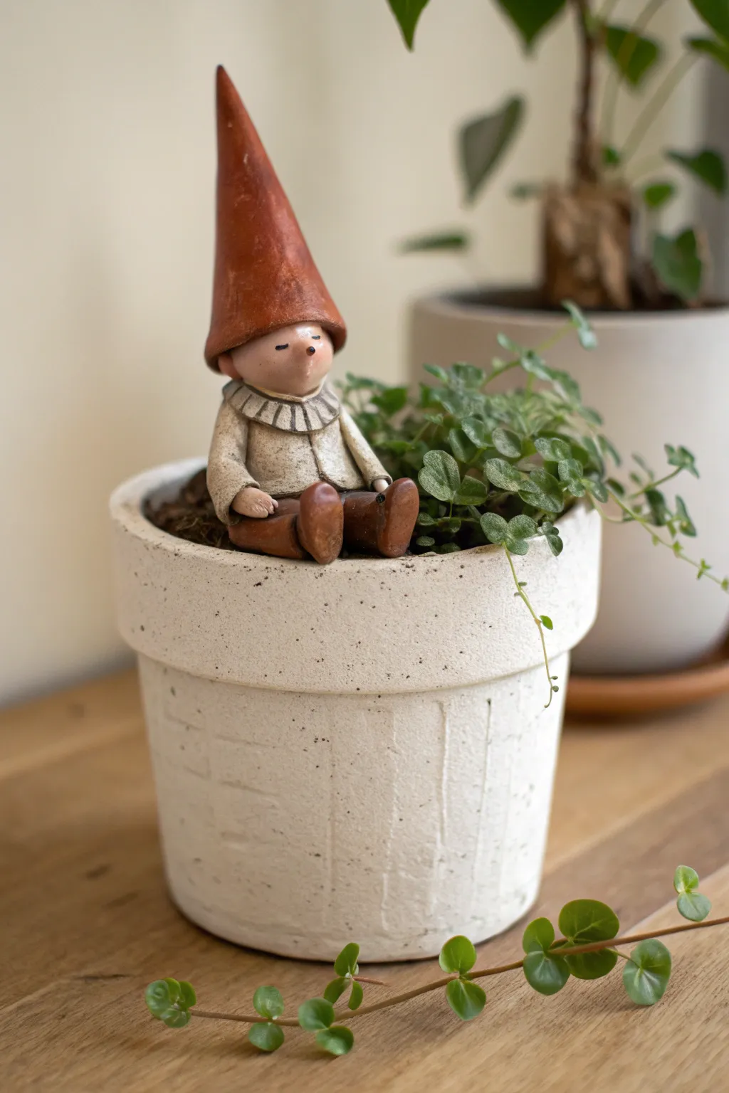Sweet planter pot gnome buddy with dangling legs, minimalist boho charm, and a bold pop of color.