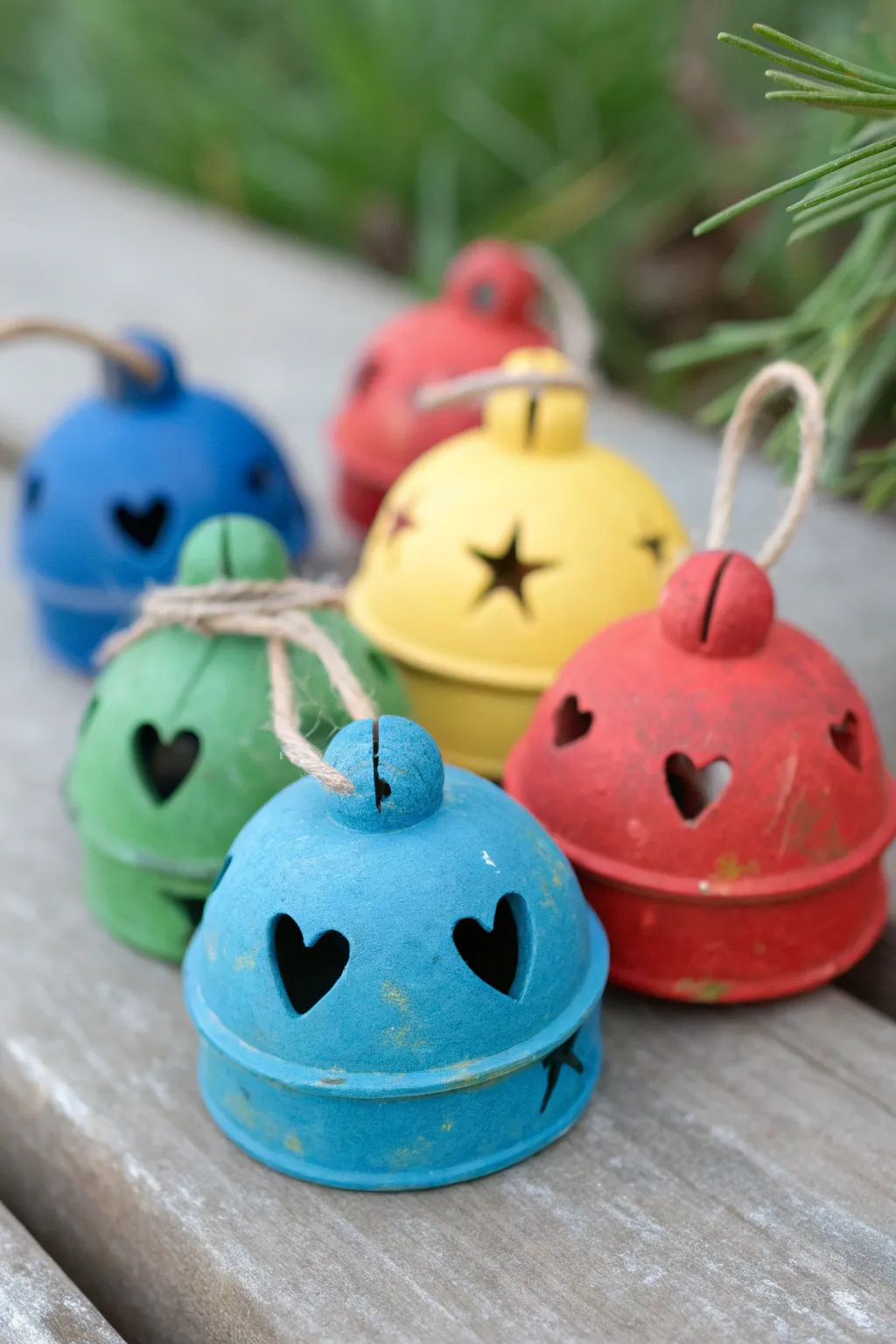 Bright handmade clay jingle bells with simple cutouts, ready to hang for a kid-friendly craft.