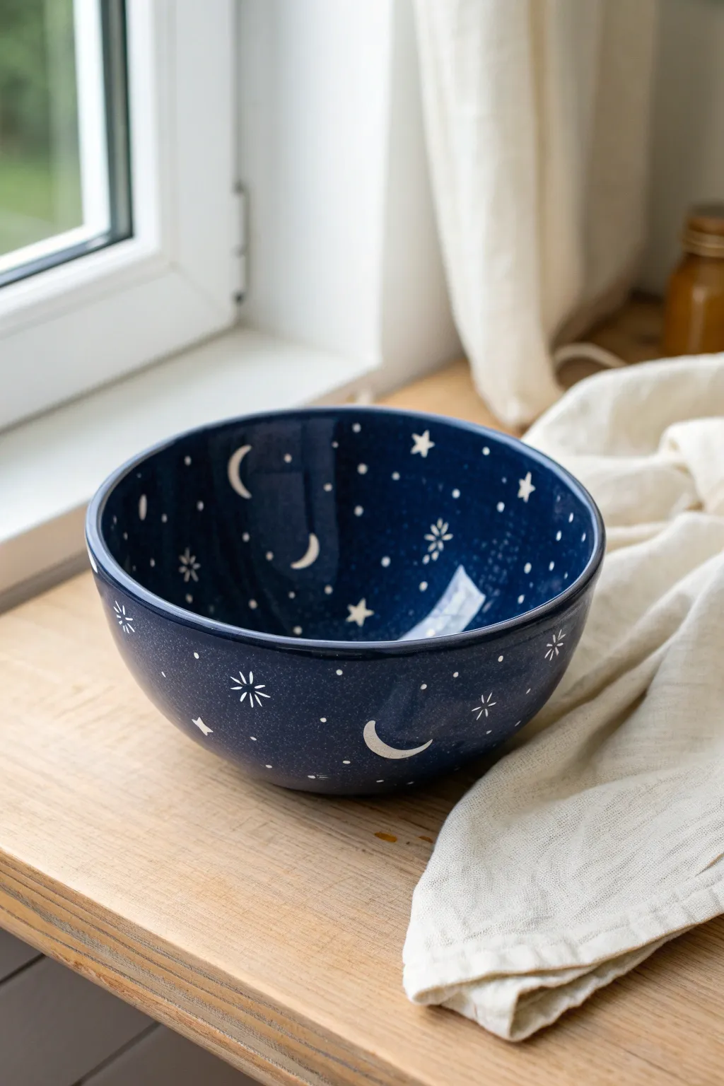 Midnight-blue bowl with simple stars and moons for a cozy, minimalist celestial table vibe.