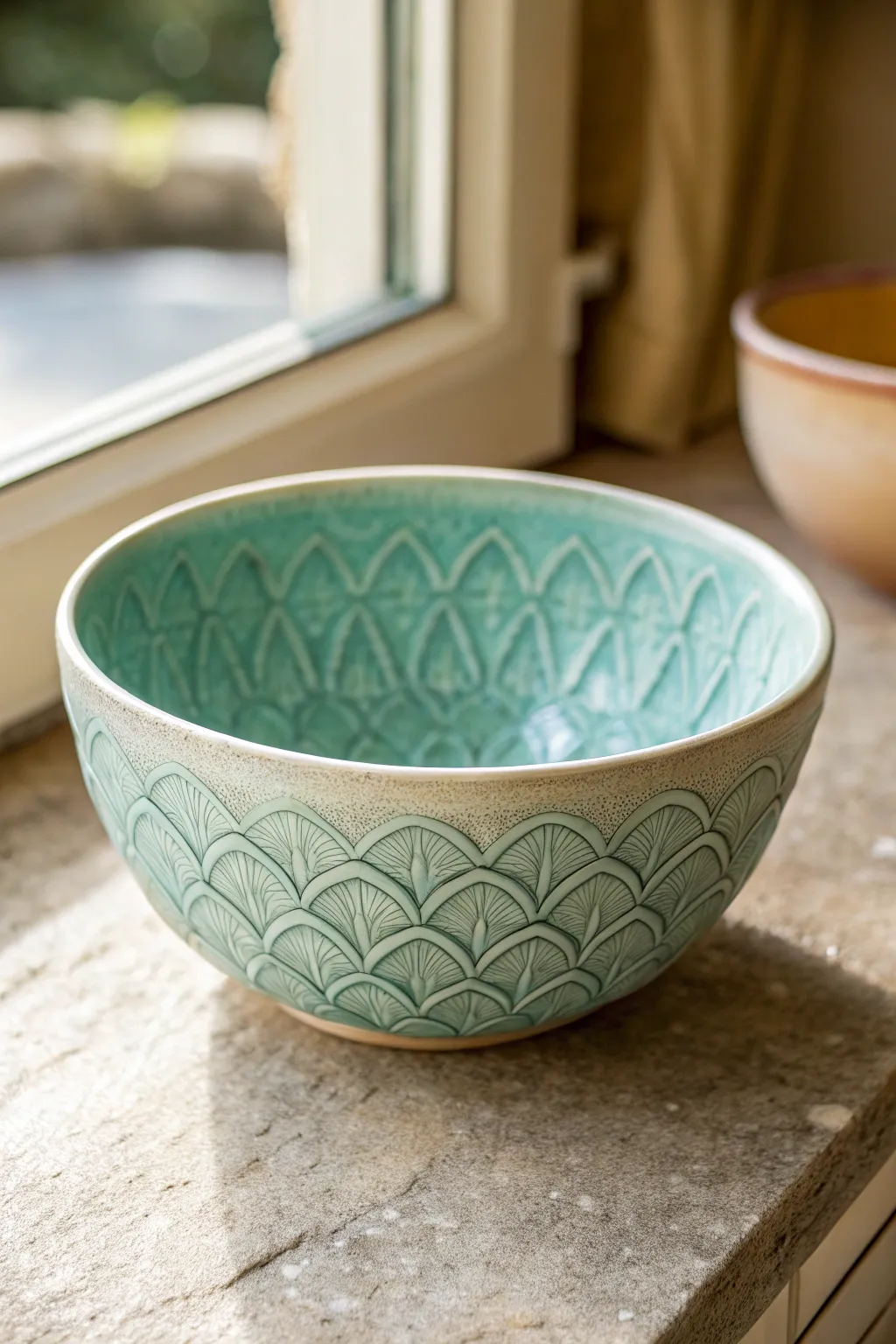 Watery celadon pooling highlights every carved detail in this minimalist handmade bowl.