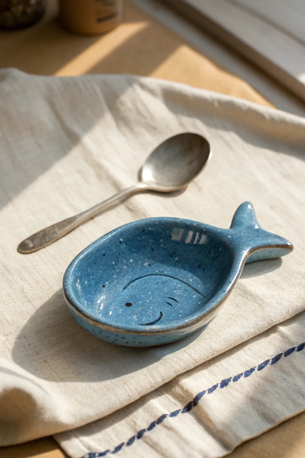 Sleeping whale spoon rest kids can make and gift, bold glaze, clean Scandi-boho look