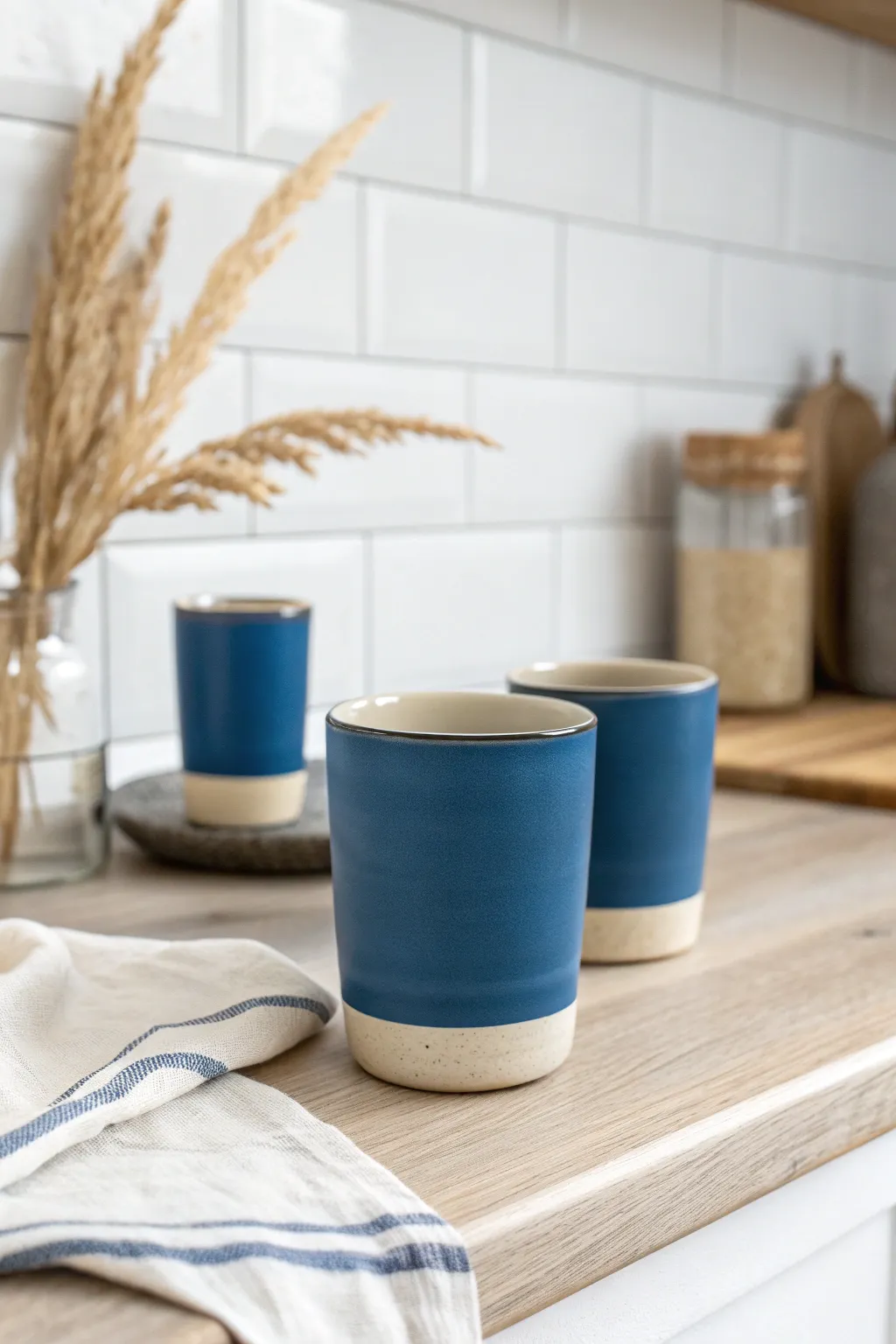 Slip-cast tumbler set in bold cobalt and cream, minimalist shelf styling for easy wheel-free pottery.