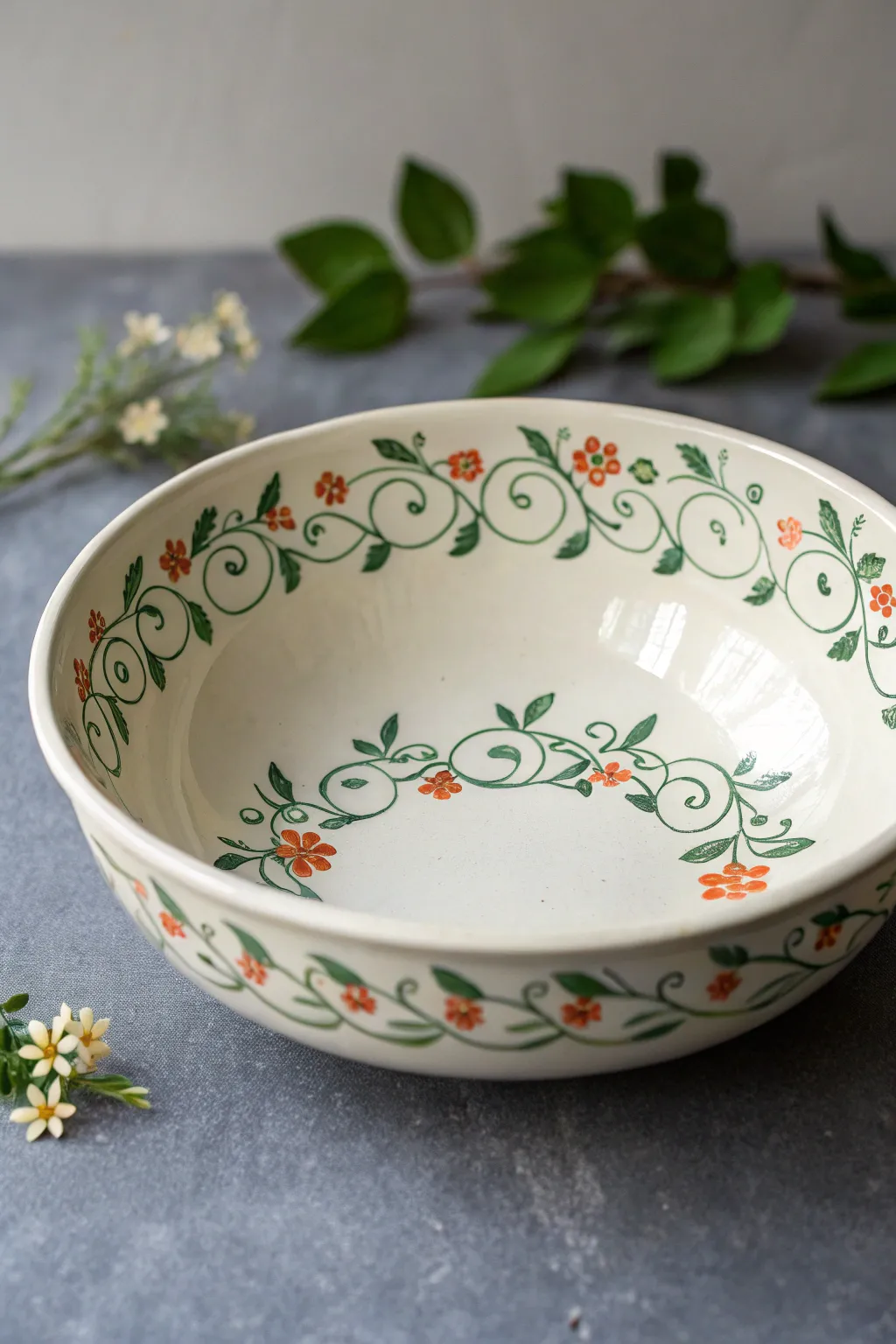 Simple floral vine rim border for a fresh, modern boho pottery painting idea you can try.