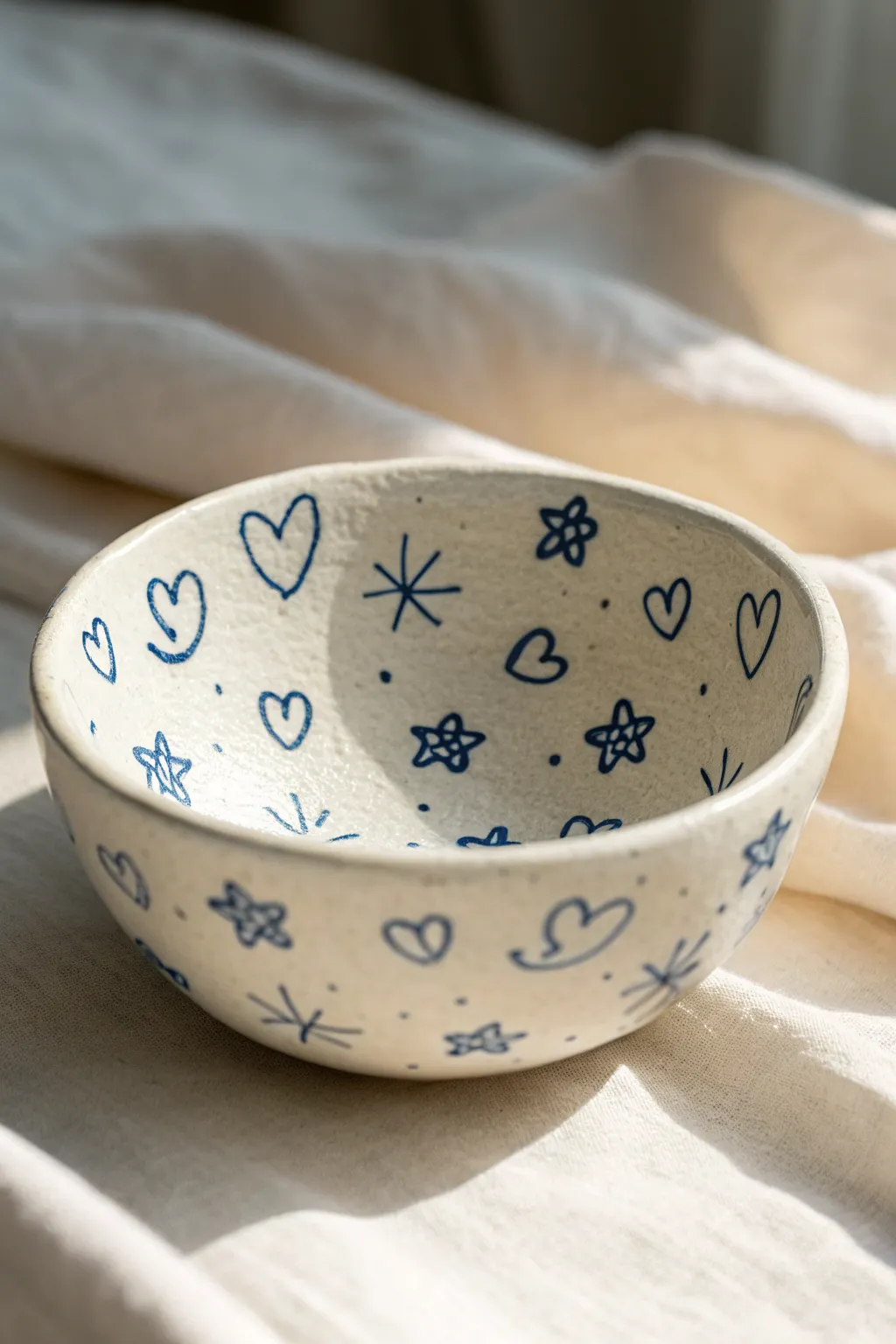 Minimal cobalt doodle icons on a white pinch bowl, perfect pottery pattern inspiration