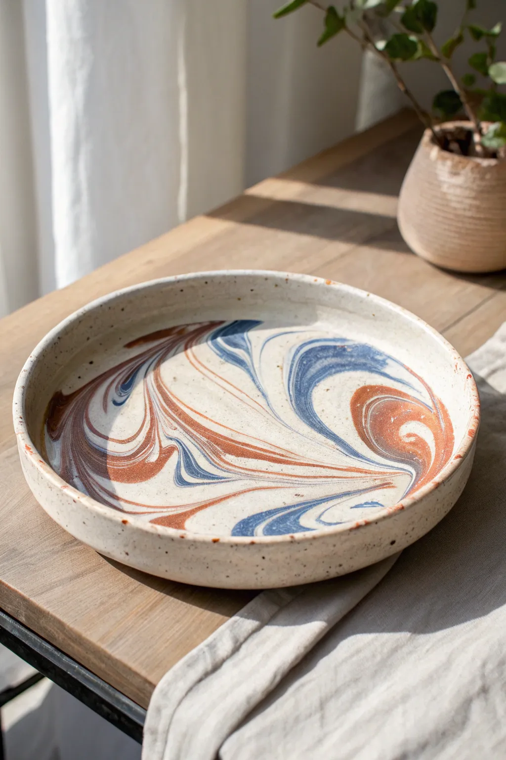 Nerikomi marble platter in bold cobalt and terracotta, satin glazed for a minimalist boho look.