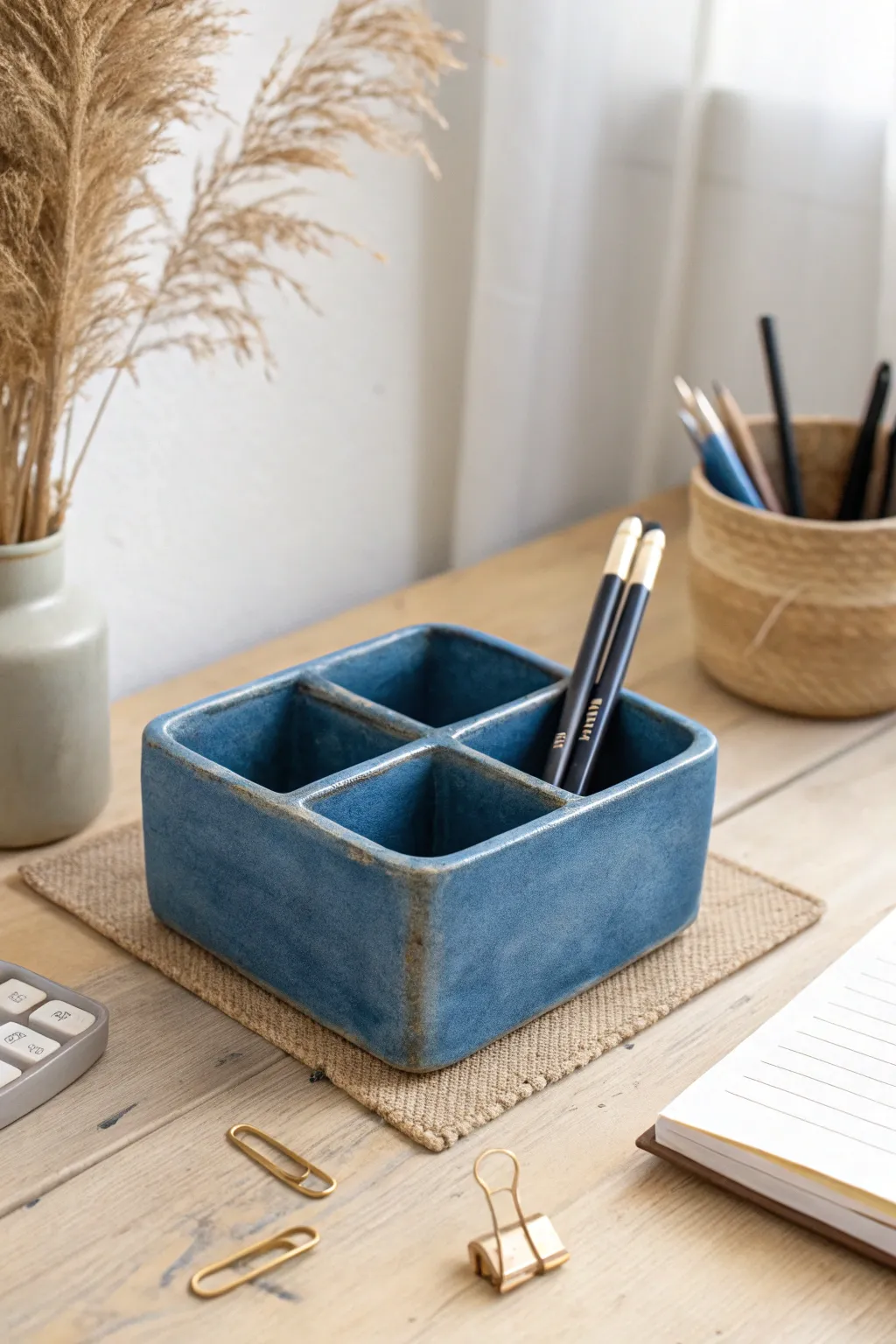 Bold matte clay block organizer for a tidy desk, minimalist Scandinavian style with a soft boho touch