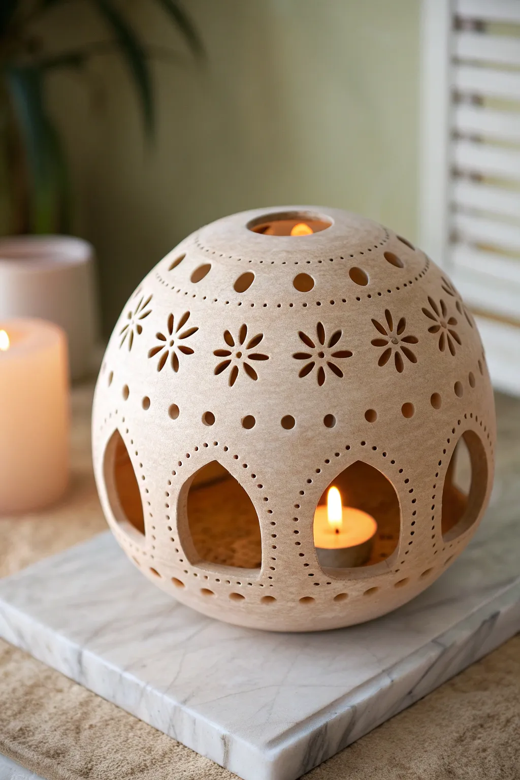 Warm-glow cutout clay orb lantern with simple arches and dots for an easy sculptural statement