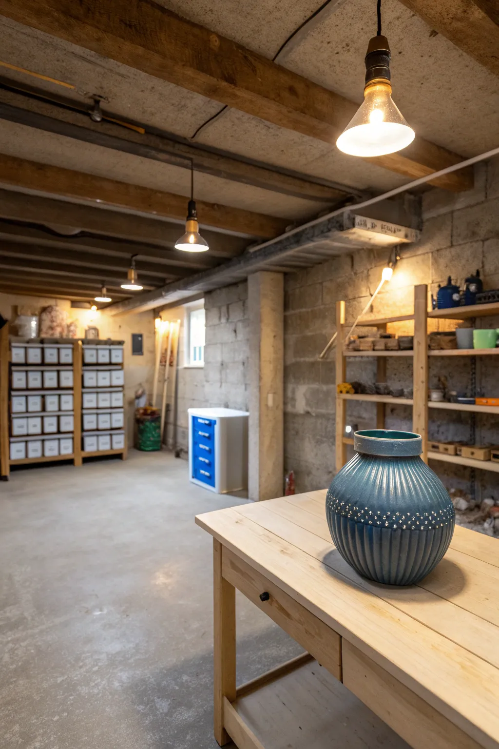 Bold cobalt vase on an oak bench in a warm, rugged garage studio with tidy storage and light.