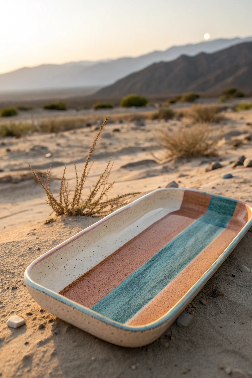 Desert horizon tray in warm glazes, minimalist yet bold, perfect for rings, keys, or snacks.