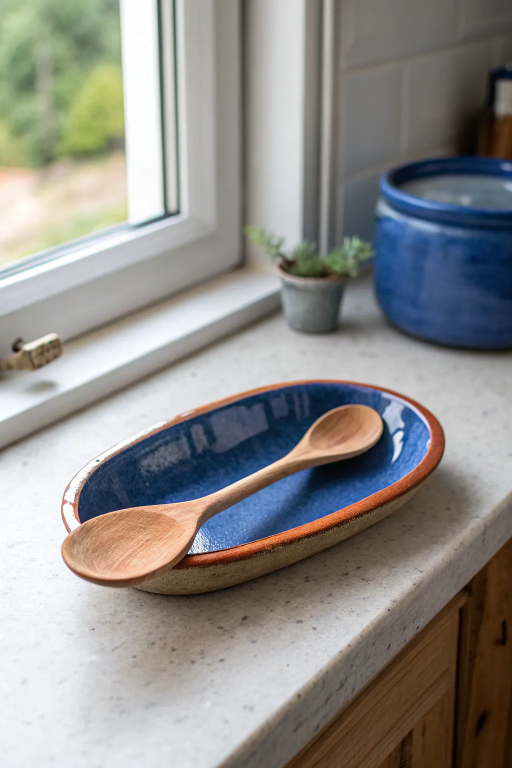 Minimal clay spoon rest with a wooden spoon, bold glaze pop on a calm Scandinavian counter.