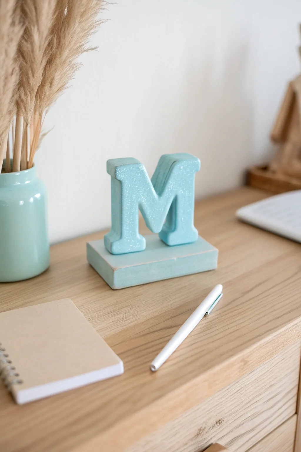 Sky-blue monogram clay desk weight brings preppy charm to a minimalist boho workspace.