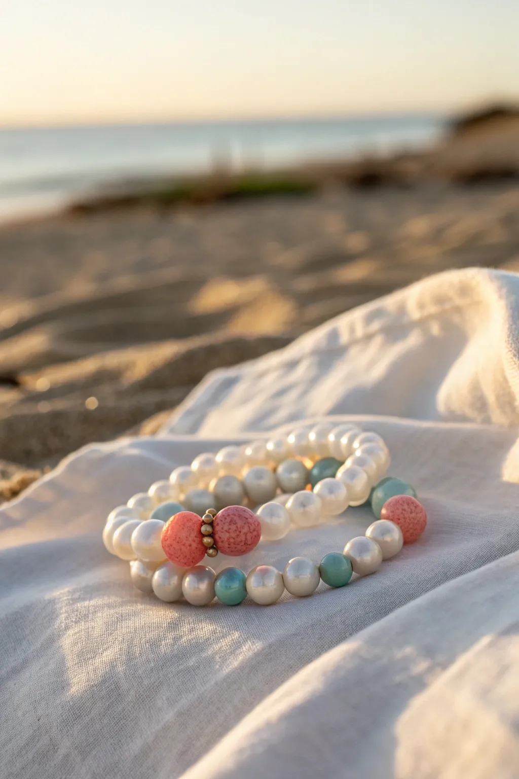 Pearl meets pastel clay beads for a preppy beach stack that feels fresh, minimal, and handmade.