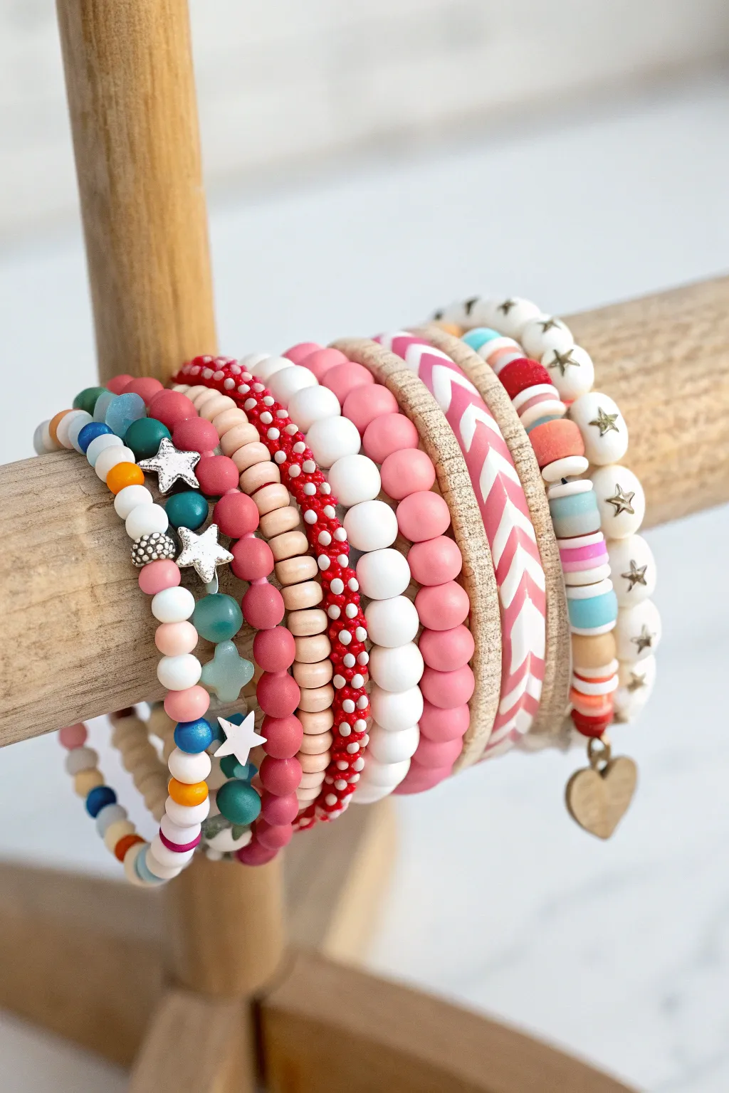 Mismatched preppy clay bead bracelet stack in bold colors, minimal Scandinavian styling.