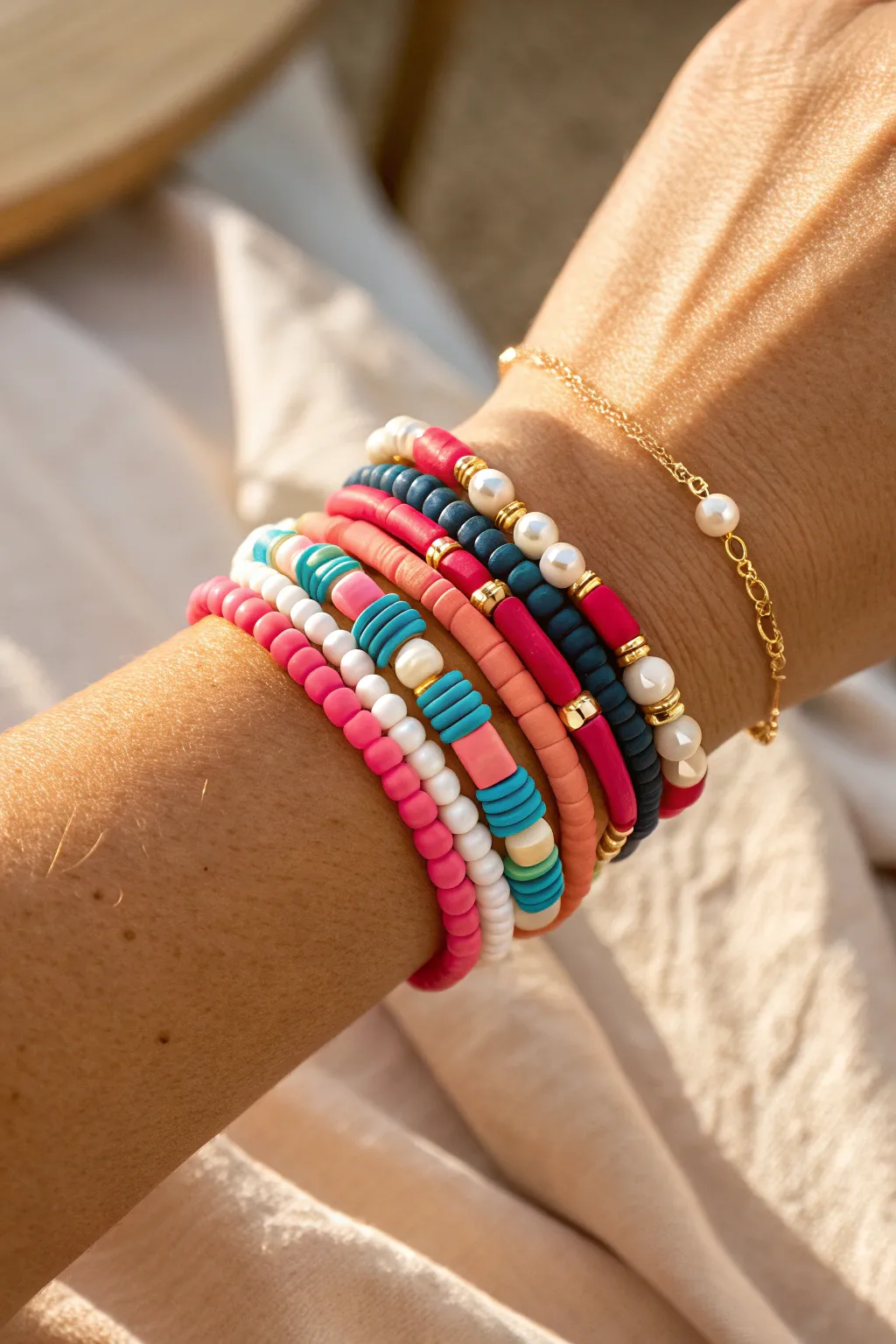 Preppy mixed-texture stack: clay heishi beads, pearl-look rounds, and tiny gold spacers