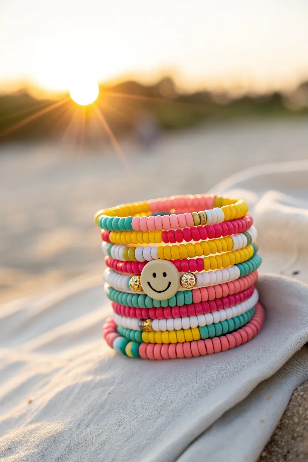 Smiley beach-day bracelet stack with bright clay beads, sun flare, and carefree preppy vibes.