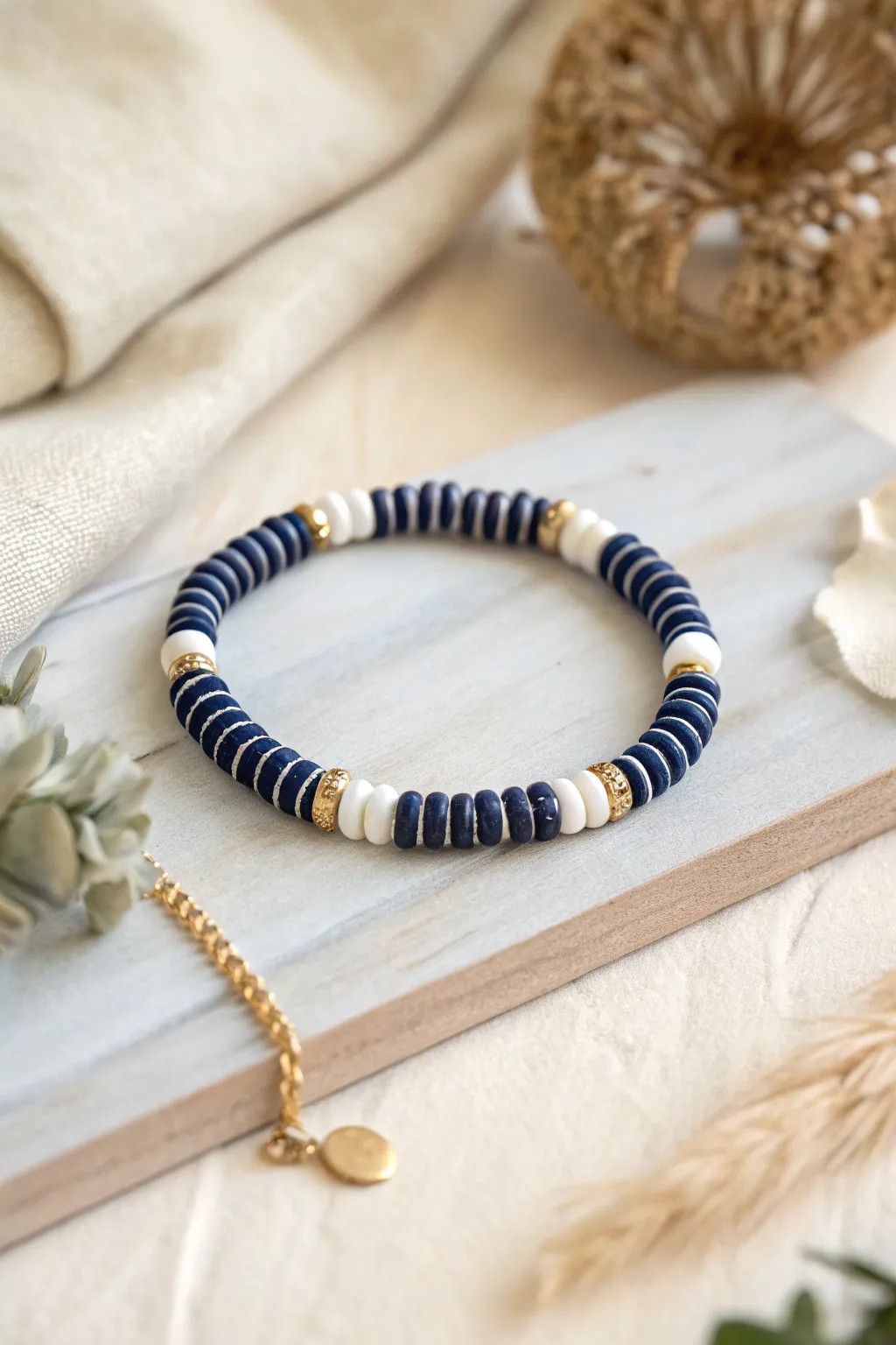 Preppy checkerboard disc bead bracelet in navy and white with a subtle gold accent glow.