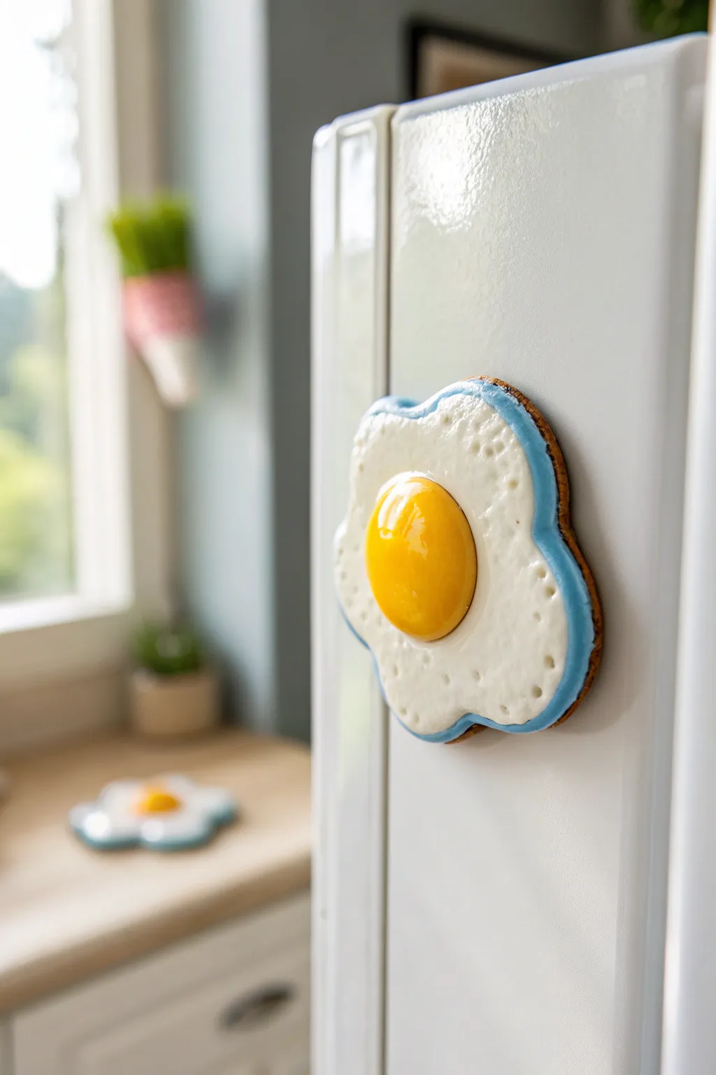 Sunny-side egg clay magnet with preppy pastel trim, perfect mini breakfast decor for your fridge