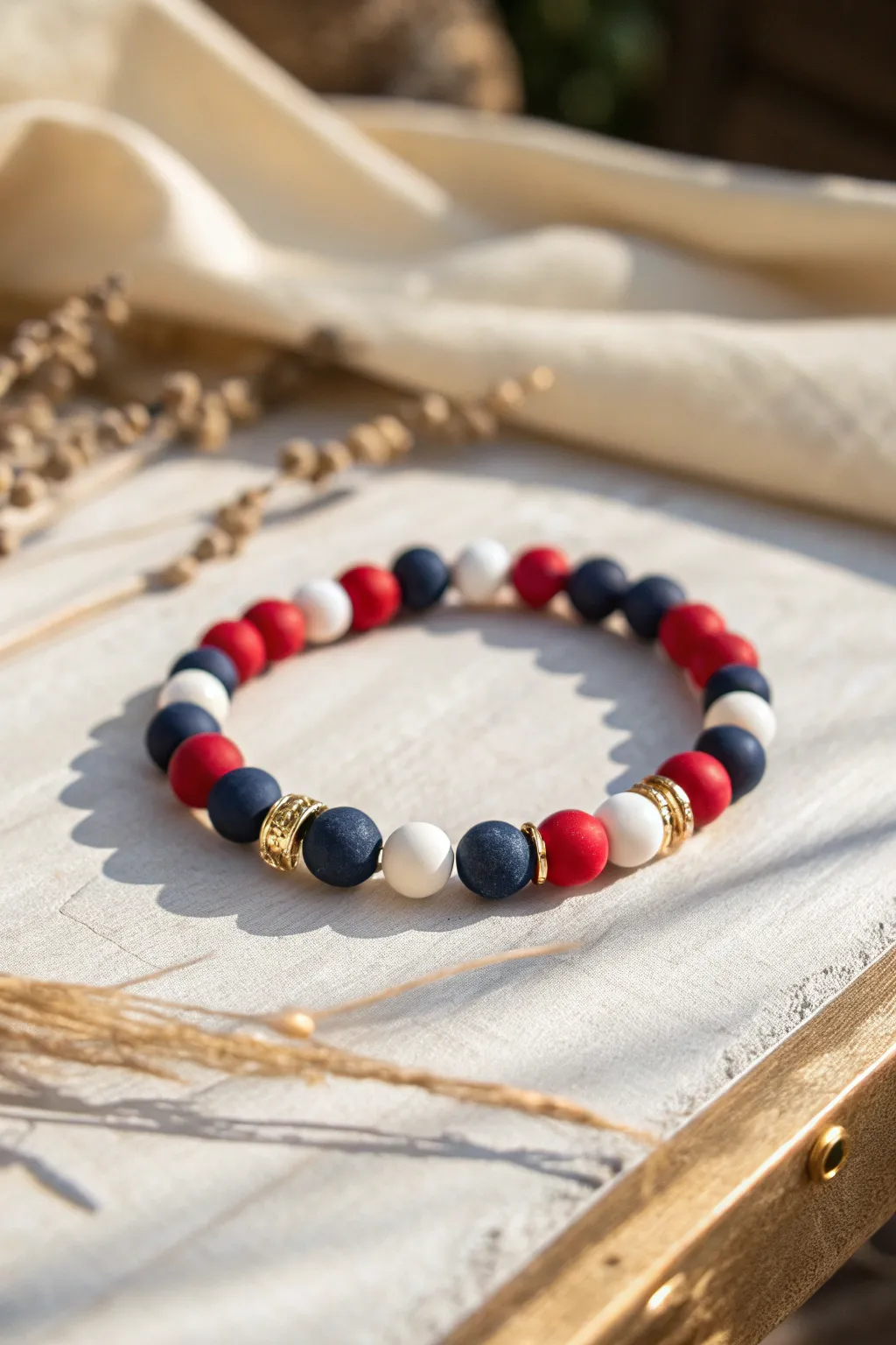 Sporty prep clay bead bracelet with navy, crimson, and white stripes plus minimal gold sparkle.