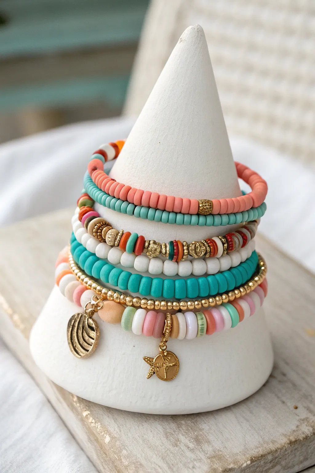 Mismatch clay bead bracelet stack, unified by bright turquoise for an easy preppy summer look