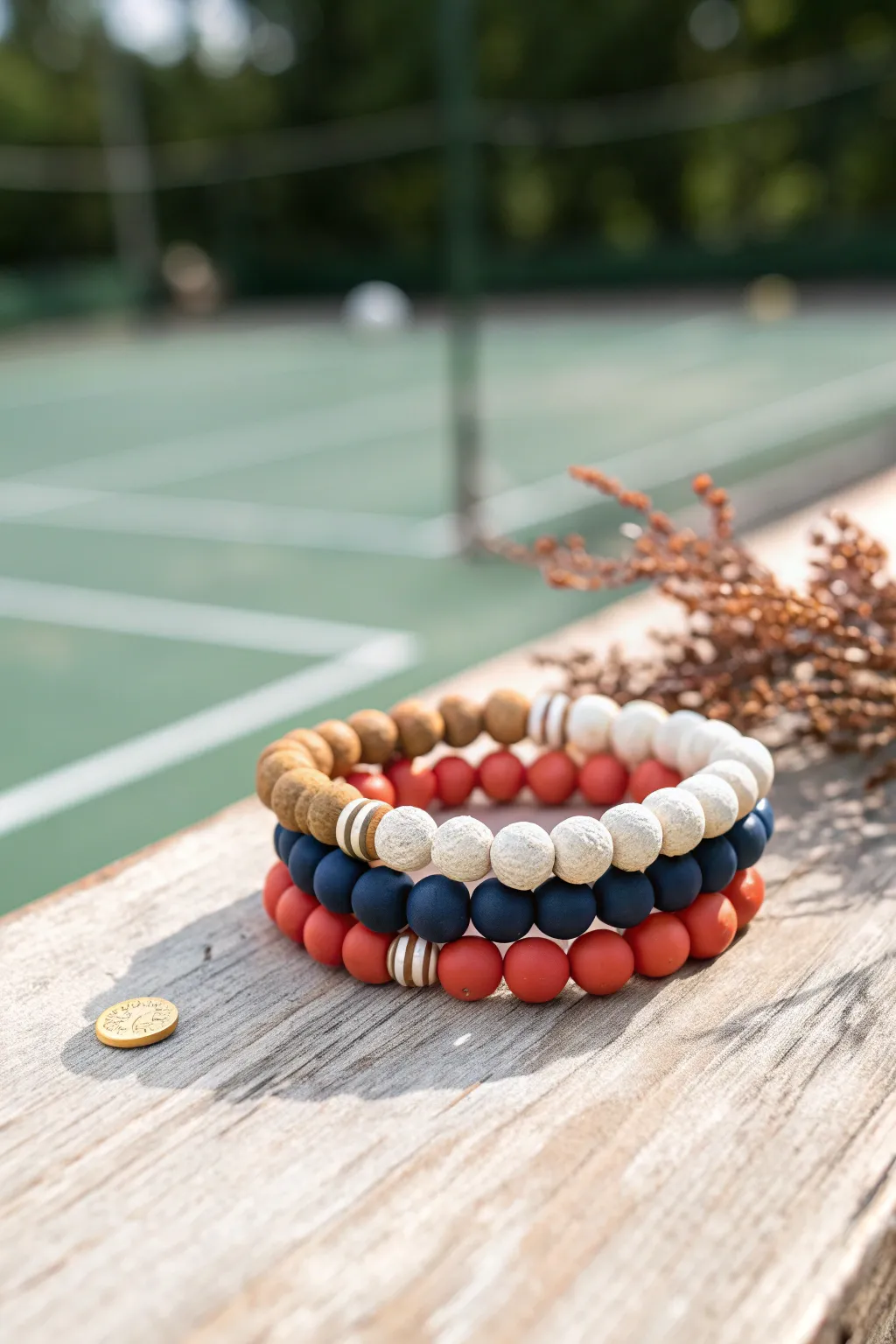 Bold navy and coral clay beads meet crisp white and tan for a fresh school-spirit stack.