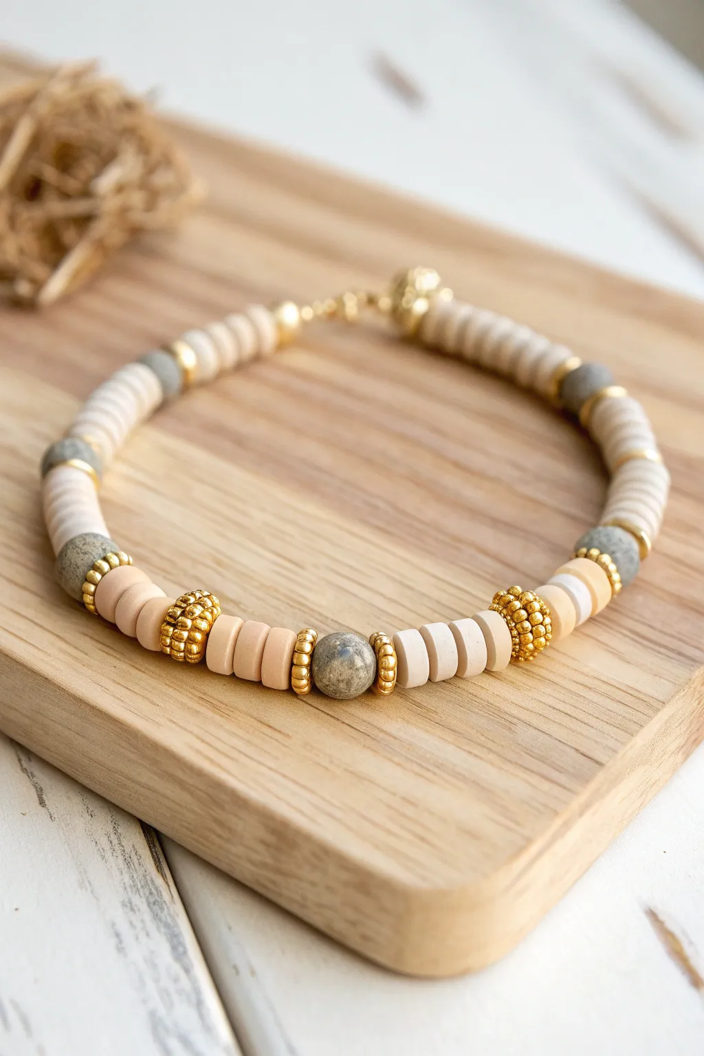 Neutral clay heishi bracelet with gold spacer bursts for a clean, modern boho statement