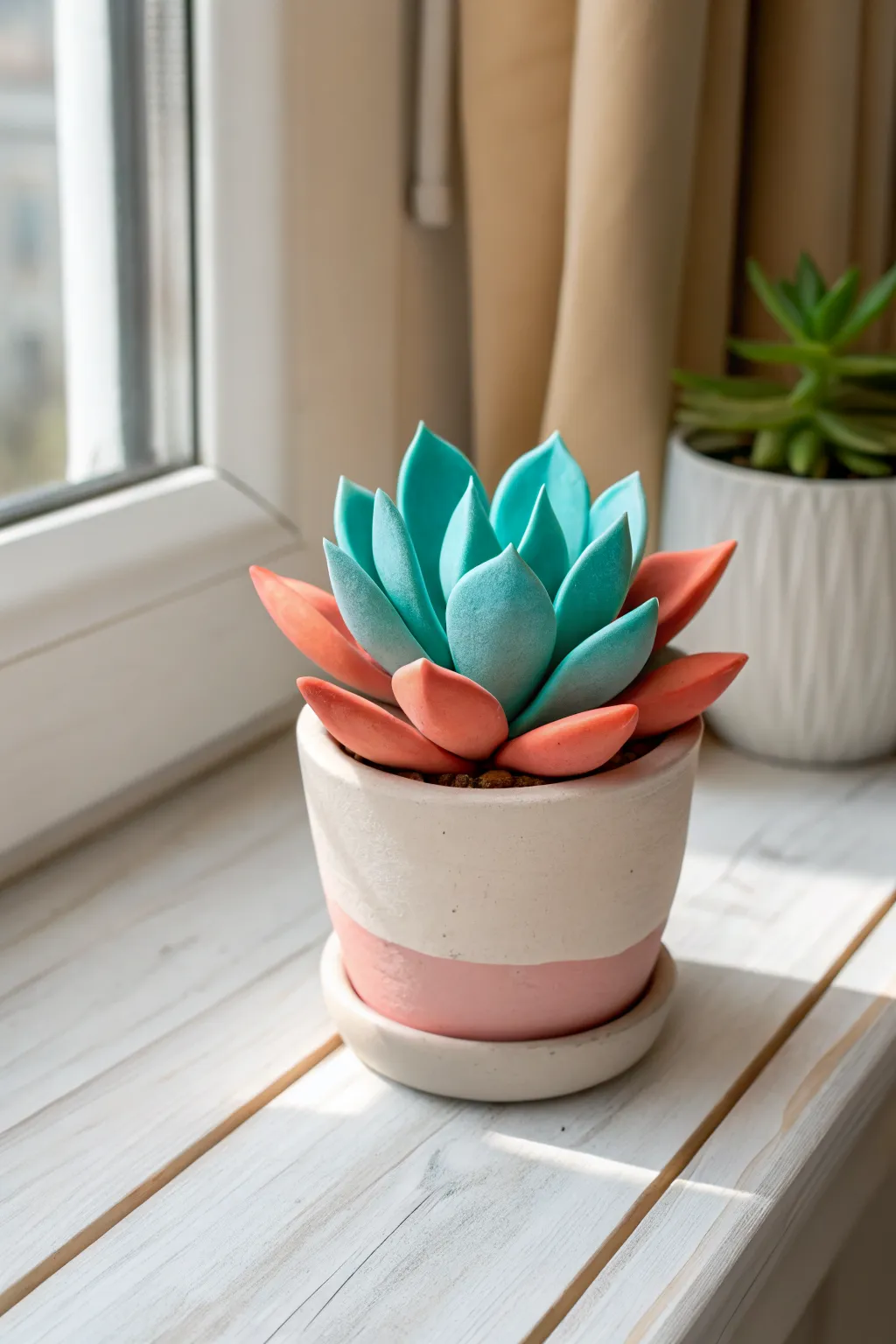 Mini puffy clay succulent pot in pastel tones, perfect for a sunny minimalist windowsill.