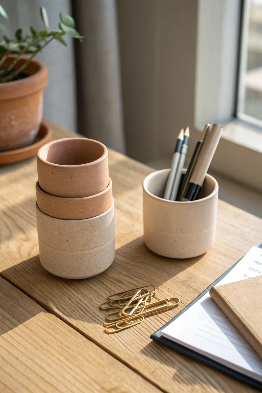 Stackable quick-dry clay cups that tidy pens and clips with minimalist, boho warmth.
