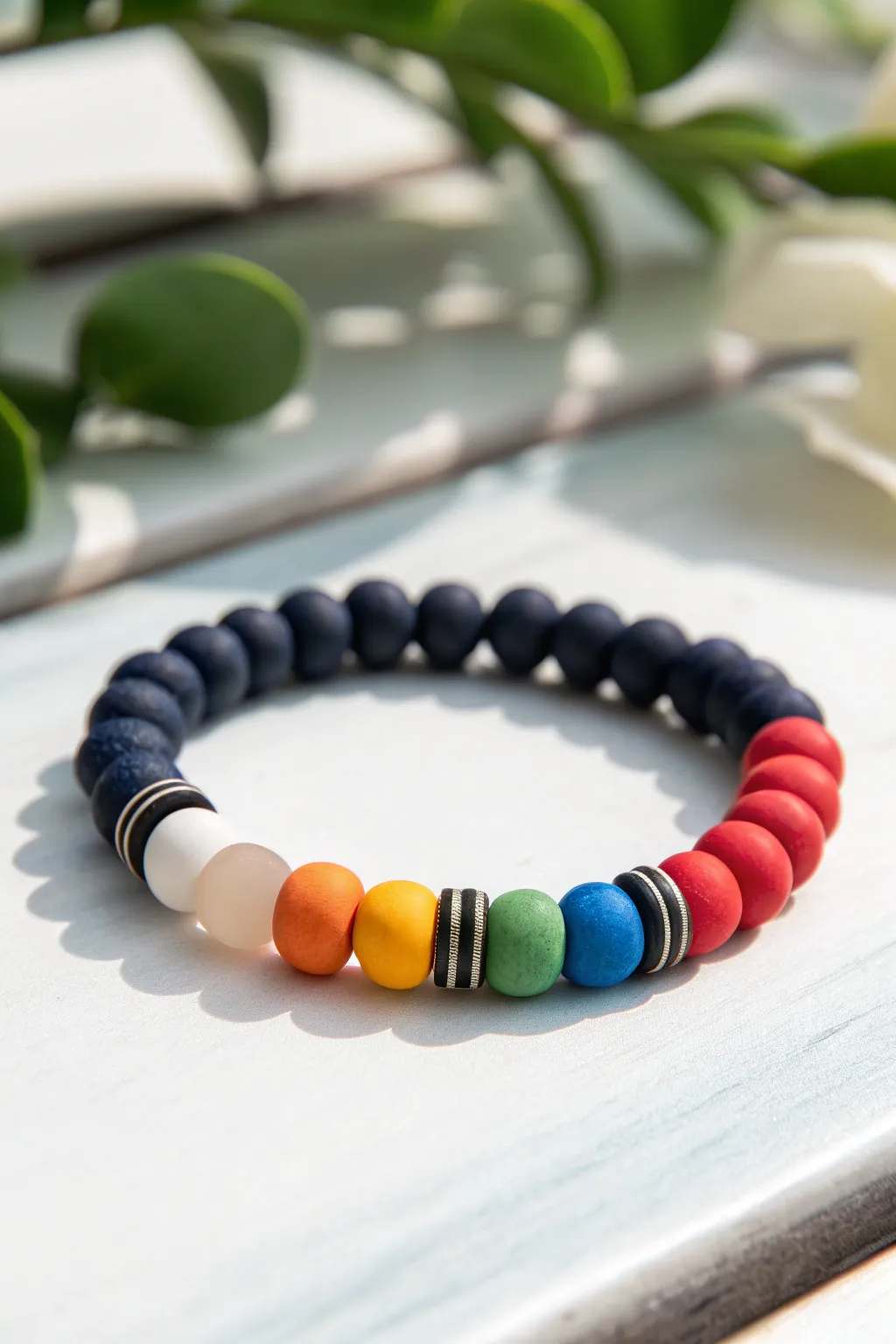 Bold rainbow clay bead bracelet with black or navy spacers for a crisp outlined look.