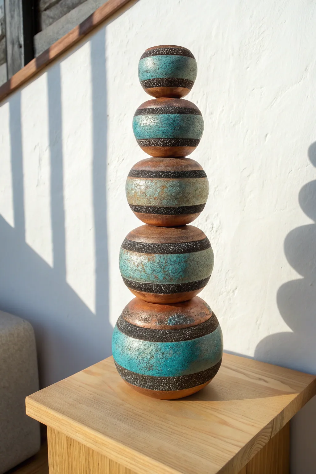 Minimal stacked raku totem with matte reduction bands and vibrant metallic flashes