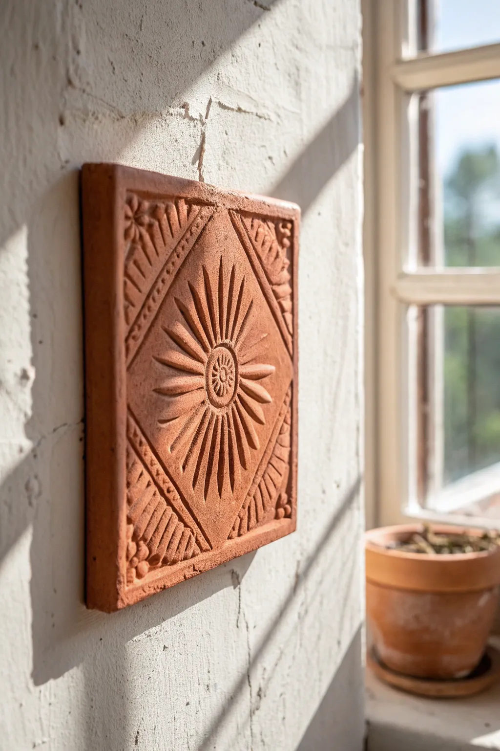 Minimal carved red clay wall tile brings bold terracotta warmth to a clean Scandinavian wall.